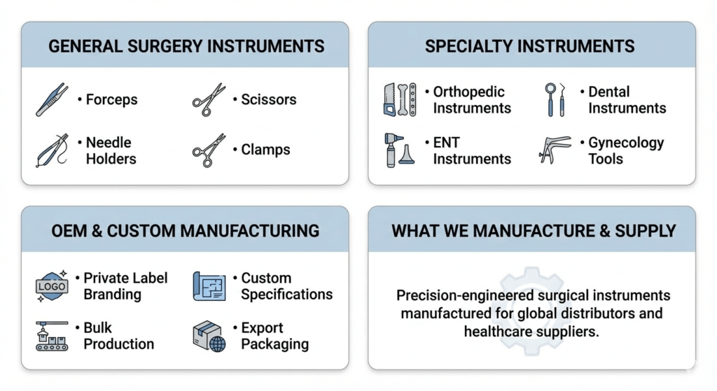 A professional arrangement of high-quality stainless steel surgical instruments, including forceps, scissors, and dental tools, showcased on a sterile medical tray for healthcare distributors.