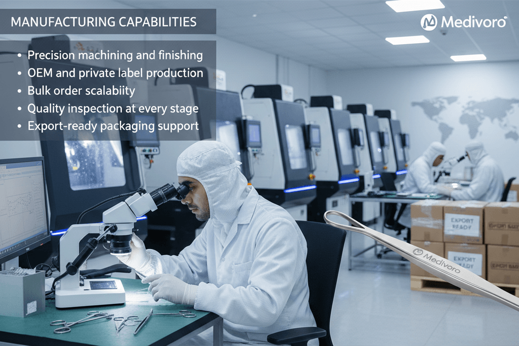 High-precision stainless steel surgical extraction forceps and instruments on a sterilization tray, manufactured by Medivoro for OEM and bulk private label orders.