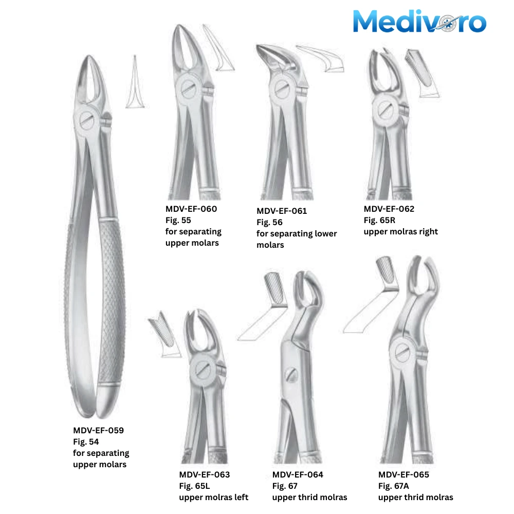 Medivoro separating forceps for upper/lower molars (Fig 54, 55, 56) and third molar forceps (Fig 65R, 65L, 67, 67A).