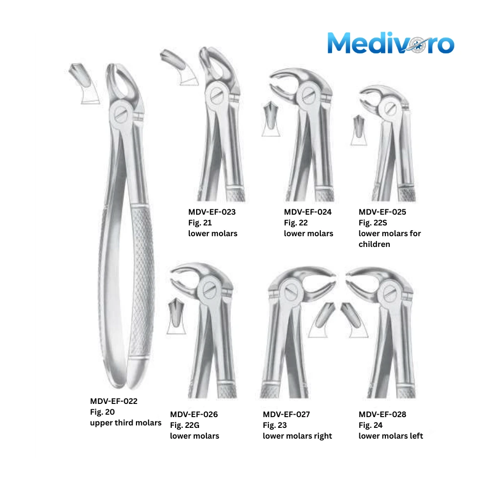 Medivoro molar extracting forceps including Fig 20, 21, 22, 23 (Cowhorn), and 24 for lower molars and upper third molars.