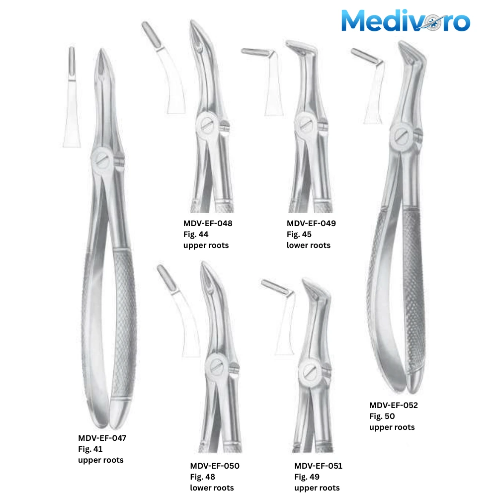 Medivoro Bayonet style forceps for upper roots (Fig 51, 51A, 51L) and resection (Fig 52, 52A).