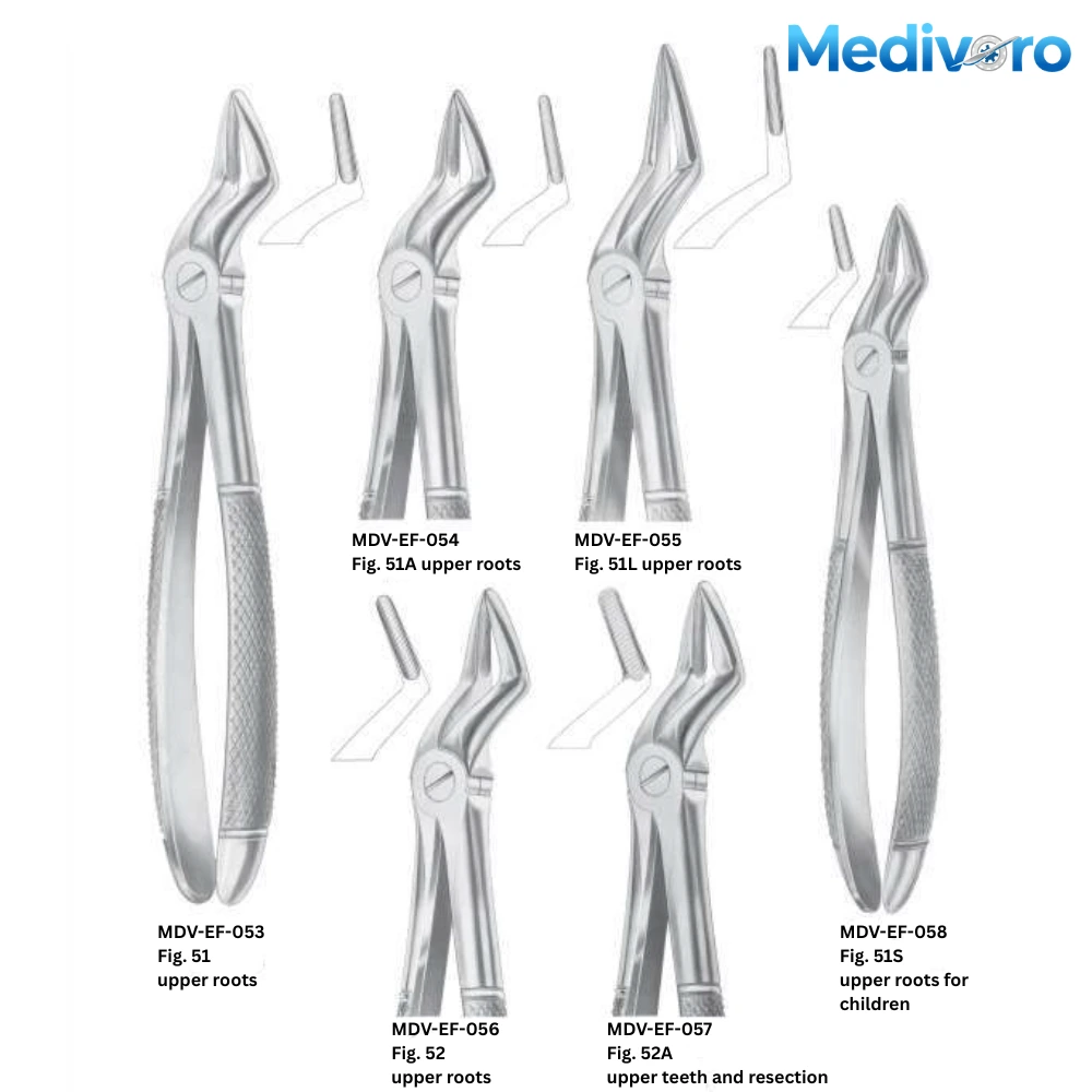 Medivoro root forceps including Fig 41, 44, 45, 48, 49, 50 for upper and lower root extraction.