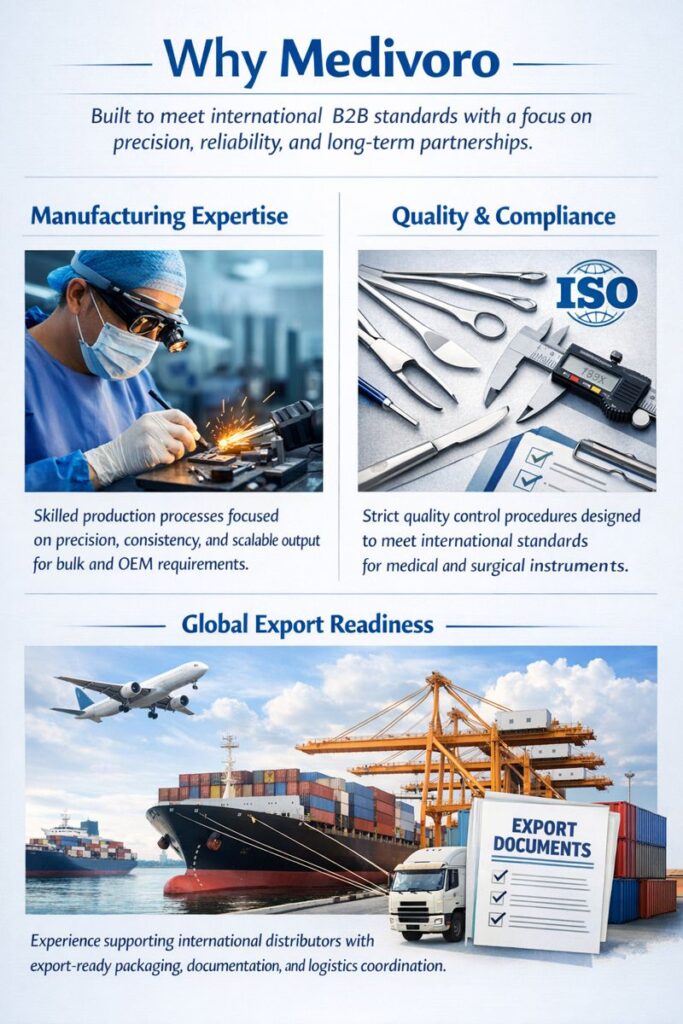 Premium stainless steel surgical instruments by Medivoro—wholesale dental and medical tools for global B2B distributors and OEM partners.