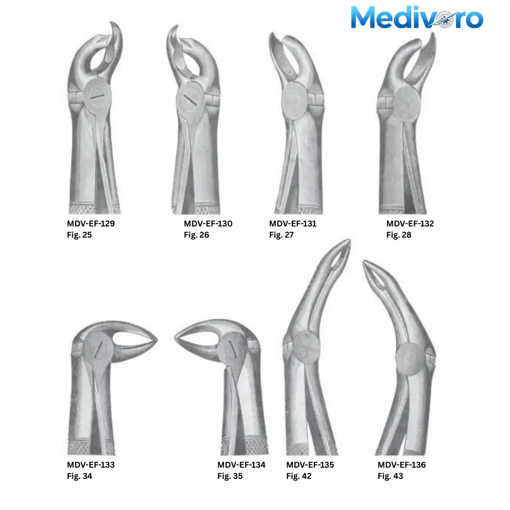 Medivoro dental forceps for upper roots (Fig 25-28, 34, 35) and Bayonet shape forceps (Fig 42, 43) for deep roots.