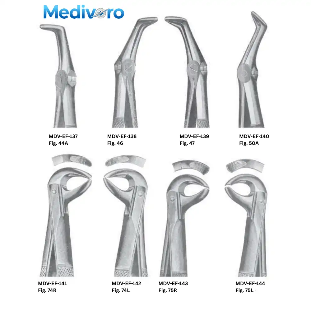 Medivoro fine beak forceps for upper roots (Fig 44A, 46, 47, 50A) and angled lower root forceps (Fig 74R, 74L, 75R, 75L).