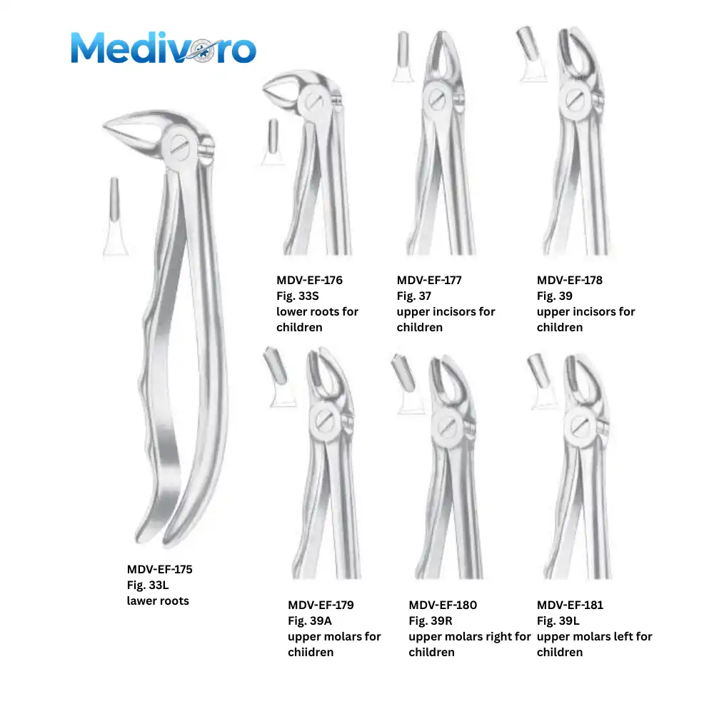 Medivoro pediatric forceps for children (Fig 33S, 37, 39 series) and lower root forceps (Fig 33L). Designed for primary teeth extraction.
