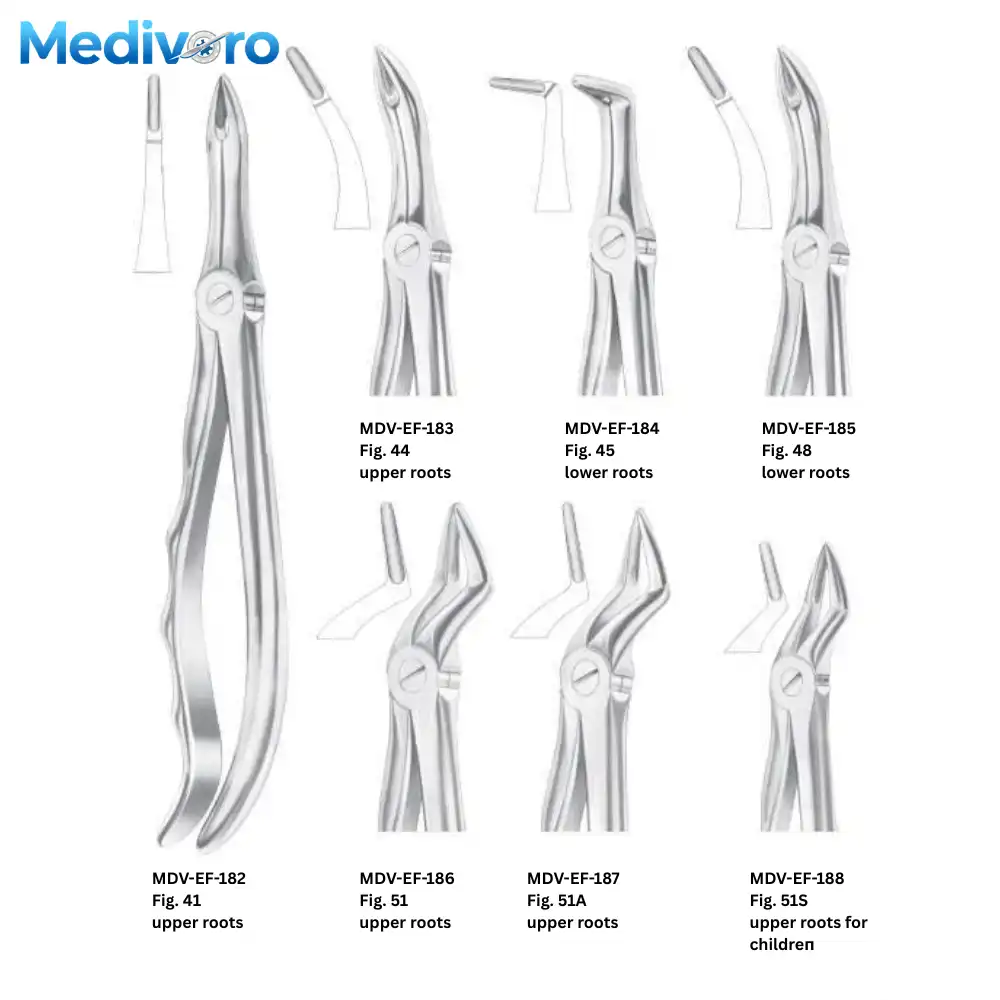 Medivoro dental forceps for upper roots (Fig 41, 44, 51 Bayonet) and lower roots (Fig 45, 48). Includes pediatric upper root forceps Fig 51S.