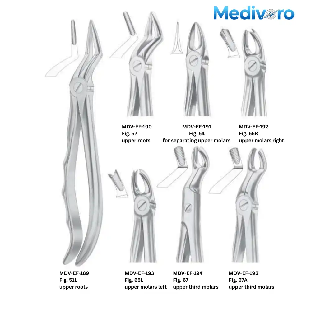 Medivoro forceps for upper roots (Fig 51L, 52), separating upper molars (Fig 54), and upper third molars/wisdom teeth (Fig 65R, 65L, 67, 67A).