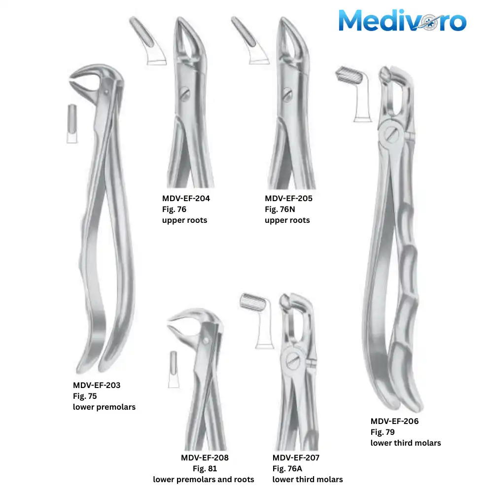 Medivoro dental forceps for lower premolars (Fig 75, 81), upper roots (Fig 76, 76N), and lower third molars (Fig 79, 76A).