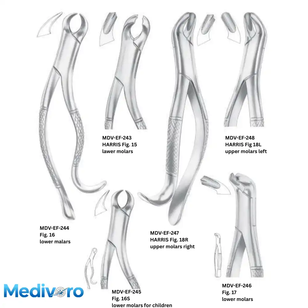 Medivoro Harris pattern forceps (Fig 15, 18R, 18L) and standard lower molar forceps (Fig 16, 16S, 17).