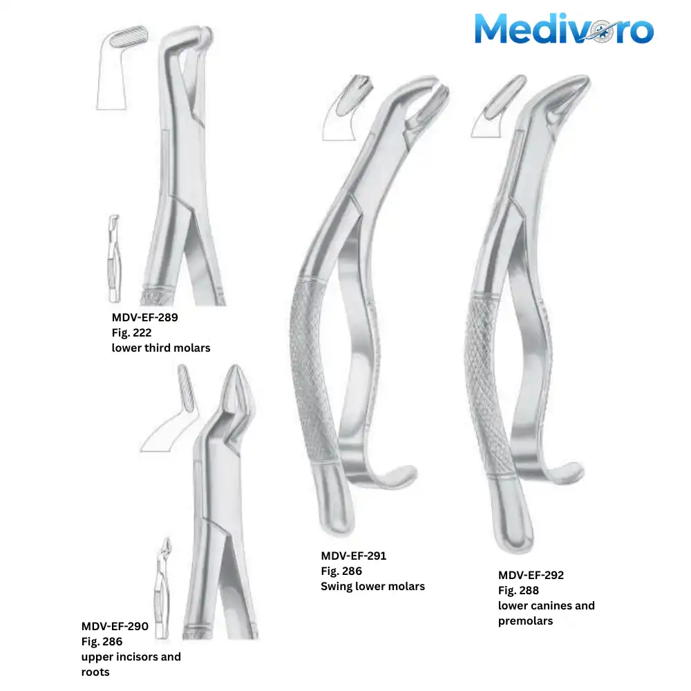 Medivoro dental forceps for lower third molars (Fig 222), upper incisors (Fig 286), and Swing pattern forceps for lower molars and premolars (Fig 286 Swing, 288).