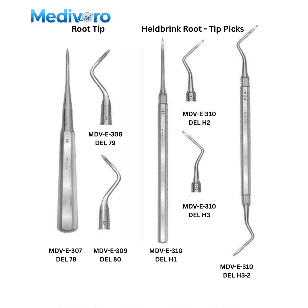 Medivoro Root Tip Elevators DEL 78 79 80 and Heidbrink Picks H1 H2 H3