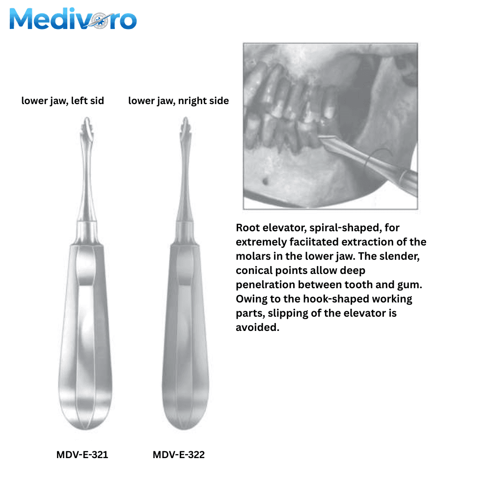Spiral-Shaped Root Elevators for Lower Jaw Left Right MDV-E-321 MDV-E-322 - Medivoro
